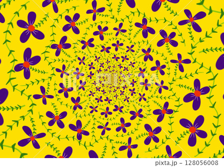 A vibrant, swirling pattern of flowers and green vines, creating a dazzling and hypnotic floral design. 128056008