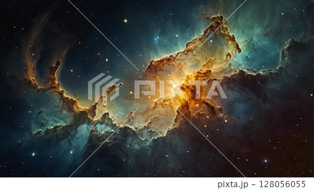 A mesmerizing depiction of a space nebula with glowing clouds of orange, blue, and black, resembling an explosion of cosmic energy. science fiction, astronomy, or technology-related topics. 128056055