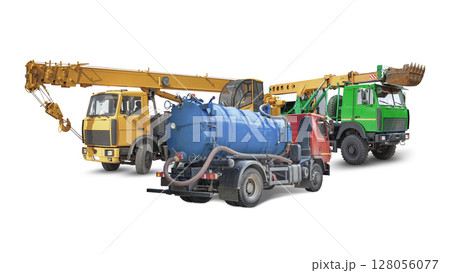 Equipment rental features modern construction machinery on a clean backdrop for a dynamic visual impact 128056077