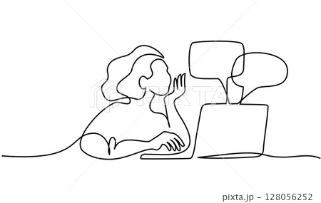 Back to school card. Female student studying online for university online education website. Girl has chat at laptop 128056252