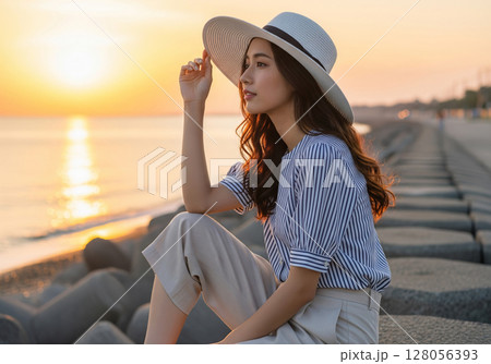 夕焼けの海辺で海を眺めている白い大きな帽子をかぶったストライプシャツとパンツ姿の女性モデル 128056393
