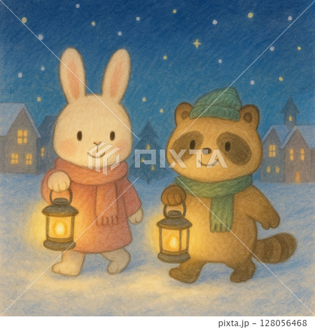 クリスマスの夜道をランタンを持って歩くうさぎとたぬきのイラスト クリスマスの夜道をランタンを持って歩くうさぎとたぬきのイラスト 128056468