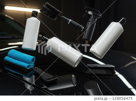 Automotive Accessories and Detailing Products Floating Above Polished Car Surface in Summer Light for Mockup 128056475