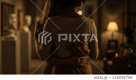 Two women embracing intimately in a softly lit interior space during an evening visit 128056766