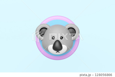 Cute 3D rendered koala head with big ears and black nose, centered on a pastel pink and blue circular background. Isolated on a light blue backdrop, perfect for kids themes or avatar designs. Cute 3D rendered koala head with big ears and black nose, centered on a pastel pink and blue circular background. Isolated on a light blue backdrop, perfect for kids themes or avatar designs. 128056866