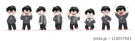Japanese characters. Comic man expression. Manga boy illustration for kid animation. Happy face. Anime emotion. Angry or sad guy positions. Joyful laugh. Vector cartoon teenager poses set 128057081