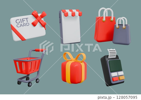 3d shop icons. Gift bag, voucher in hands, discount store sale. Buy in mobile phone market, event promotion. Supermarket trolley, gift prize, online shopping. Vector render elements 128057095
