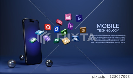 3D app icon. Phone display with application buttons. Social media infographic in multimedia smart technology. Cellphone screen menu symbols. Realistic metal spheres. Vector background 128057098