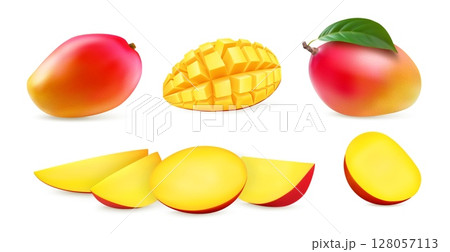 3d mango. Realistic fruit slice or half and leaves, orange tree piece or whole red wedge. Exotic summer ripe, tropical fresh vitamin food, smoothie or juice. Botanical isolated vector set 128057113