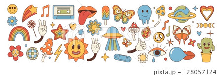 Music stickers. Psychedelic 70s disco flowers, retro ufo and smiley funky mushroom. 1970s vibe, groovy style. Love heart and eye. Vector cartoon flat style isolated vector design set 128057124