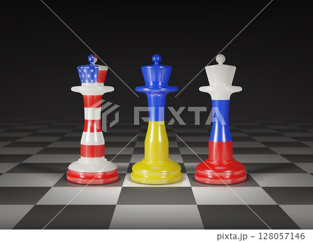 Russia and USA war. America vs Europe chess conflict. Country political or economy. Military army crisis. Ukrainian and Russian confrontation. King piece at chessboard. Vector 3d render 128057146