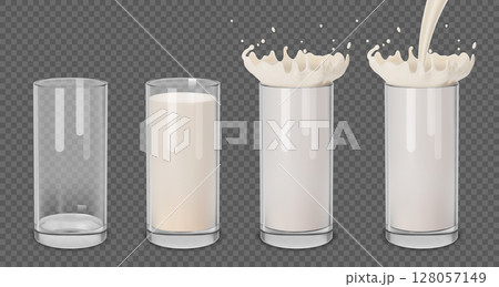 Glass of milk. 3d cup, isolated splash of transparent, white wave, liquid yogurt shake beverage. Wave of health food. Empty and full, pouring milky stream with drops. Vector realistic set Glass of milk. 3d cup, isolated splash of transparent, white wave, liquid yogurt shake beverage. Wave of health food. Empty and full, pouring milky stream with drops. Vector realistic set 128057149