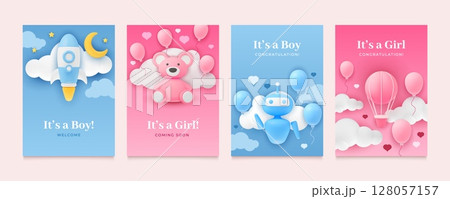 Baby shower. Boy or girl birth announcement card. 3D birthday kid design or newborn holiday. Celebration party. Render toy. Holiday greeting banner. Cute pink or blue postcards vector set Baby shower. Boy or girl birth announcement card. 3D birthday kid design or newborn holiday. Celebration party. Render toy. Holiday greeting banner. Cute pink or blue postcards vector set 128057157