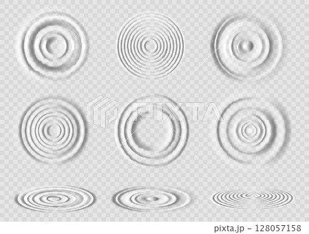 Water wave. Top view drop effect. Circle splash texture or calm concentric motion side. Realistic clear rain. Concentric rounds. Raindrop splashing. Vector surface ripple elements set Water wave. Top view drop effect. Circle splash texture or calm concentric motion side. Realistic clear rain. Concentric rounds. Raindrop splashing. Vector surface ripple elements set 128057158