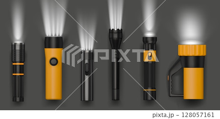3D flashlight. Electric torch light. Flash lantern beam or realistic led glow. Hand lamp. Illumination equipment side view. Travel spotlight. Projector ray. Vector lighting objects set 128057161