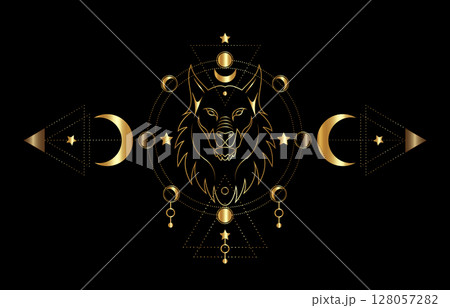 Mythological wolf or mystical Fenrir on Sacred Geometry and Moon Phases. Gold luxury vector illustration of Sacred ethnic wild animal isolated on black background 128057282
