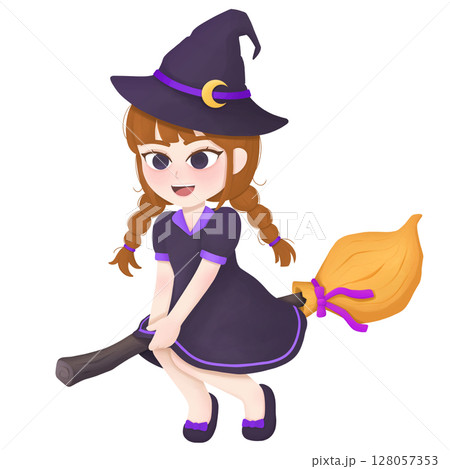 Cute Witch Girl Flying on a Broomstick Halloween Cute Witch Girl Flying on a Broomstick Halloween 128057353