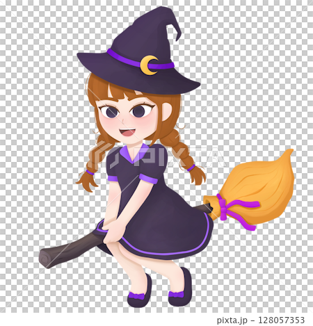 Cute Witch Girl Flying on a Broomstick Halloween Cute Witch Girl Flying on a Broomstick Halloween 128057353