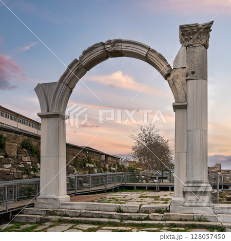 Exploring the ancient ruins of the Agora of Smyrna in Izmir, Turkey with historic columns and arches Exploring the ancient ruins of the Agora of Smyrna in Izmir, Turkey with historic columns and arches 128057450