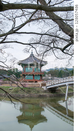 Gyeongbokgung Hyangwonjeong Pavilion in Seoul Under Cloudy Sky. 128057486