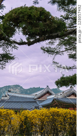 Overcast View of Gyeongbokgung Palace in Seoul, South Korea. Overcast View of Gyeongbokgung Palace in Seoul, South Korea. 128057492