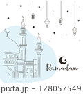 Ramadan mosque hand drawn illustration. Islamic doodle vector design elements. 128057549
