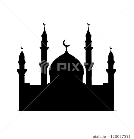 Mosque silhouette icon, Islamic place of worship, Muslim worship, vector illustration. Flat mosque vector. Mosque silhouette icon, Islamic place of worship, Muslim worship, vector illustration. Flat mosque vector. 128057551