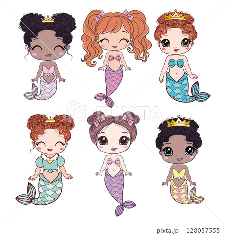 set of happy cute little mermaids isolated on a white background. Children's fantasy underwater sea siren with a long tail 128057555