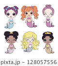 set of happy cute little mermaids isolated on a white background. Children's fantasy underwater sea siren with a long tail 128057556