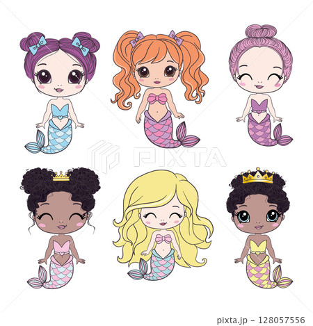 set of happy cute little mermaids isolated on a white background. Children's fantasy underwater sea siren with a long tail 128057556