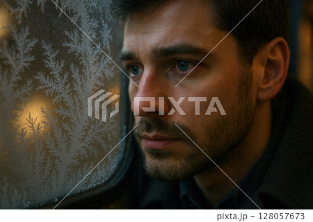 Thoughtful Man Watching Icy Fern Frost Spread across Winter Window Pane 128057673