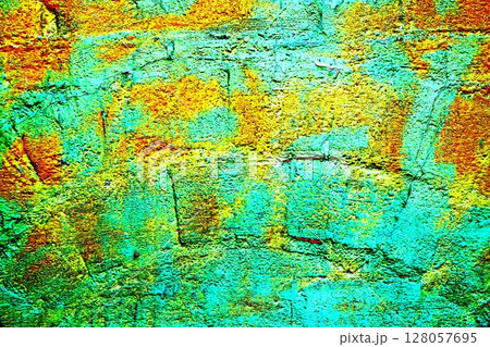 Brick wall. Empty background of rounded brick arch. Surface of peeled brickwork texture 128057695