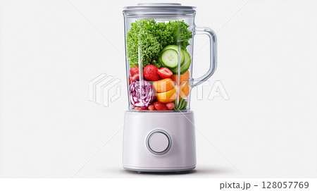 blender kitchen appliances with green healthy vegetables and berries with fruits for making smoothies 128057769