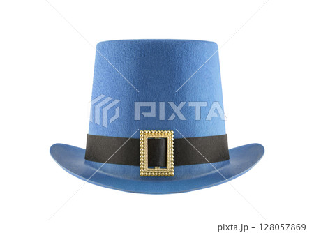 Blue felt top hat with gold buckle isolated on white with clipping path Blue felt top hat with gold buckle isolated on white with clipping path 128057869