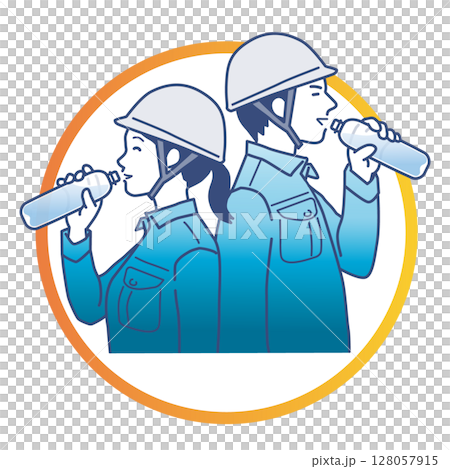 Heat stroke prevention: Illustration of a man and woman in work clothes drinking bottled water with relaxed expressions Heat stroke prevention: Illustration of a man and woman in work clothes drinking bottled water with relaxed expressions 128057915