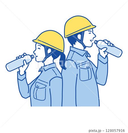 熱中症対策　リラックスした表情でペットボトルの水を飲む、作業服の女性と男性のイラスト 128057916