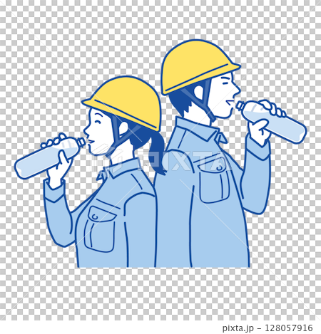 熱中症対策　リラックスした表情でペットボトルの水を飲む、作業服の女性と男性のイラスト 128057916
