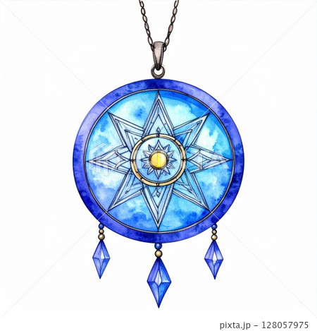 Watercolor Blue Star Pendant Necklace with Crystals 128057975