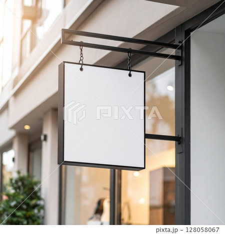 Blank Square Hanging Sign on Storefront Blank Square Hanging Sign on Storefront 128058067
