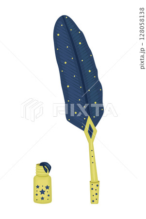 Feather pen and bottle of ink, illustration in blue and yellow colors 128058138