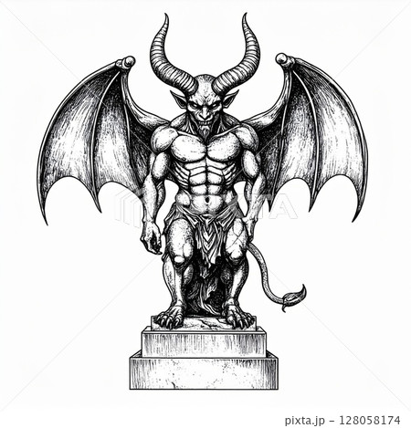 Black And White Ink Drawing Of A Demon Statue 128058174