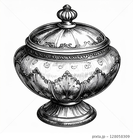 Ornate Silver Sugar Bowl with Floral Design 128058309