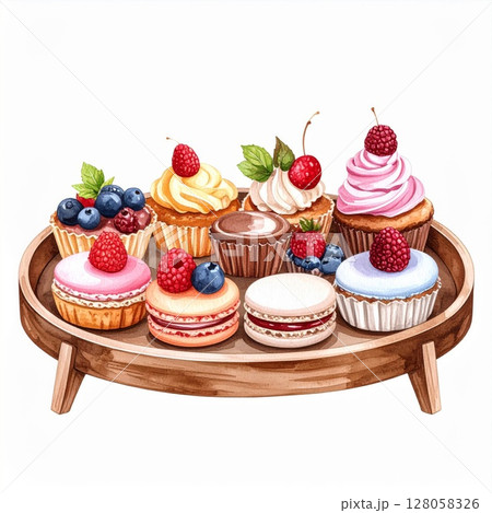 Assorted Cakes and Macarons on Wooden Tray Assorted Cakes and Macarons on Wooden Tray 128058326
