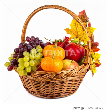 Autumn Harvest Fruit Basket with Grapes and Pumpkins 128058327
