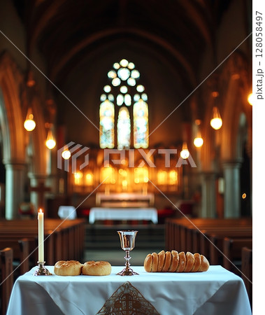 A church with a table in the middle with a silver cup and two loaves of bread 128058497