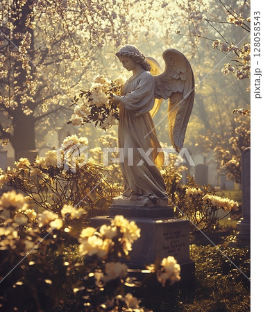 A statue of an angel holding flowers in a cemetery A statue of an angel holding flowers in a cemetery 128058543
