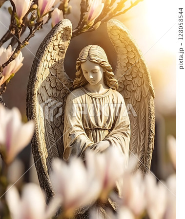 A white angel statue is sitting in front of a bunch of pink flowers 128058544