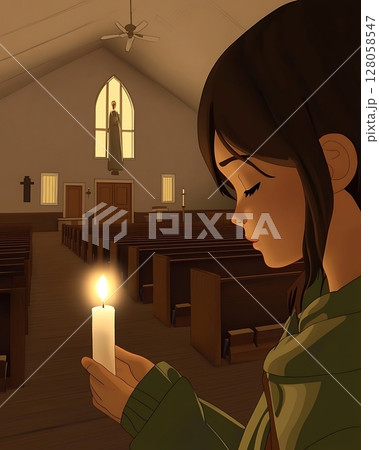 A woman is holding a candle in a church 128058547
