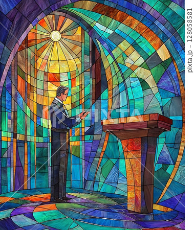 A man is standing in front of a stained glass window, reading a book 128058581