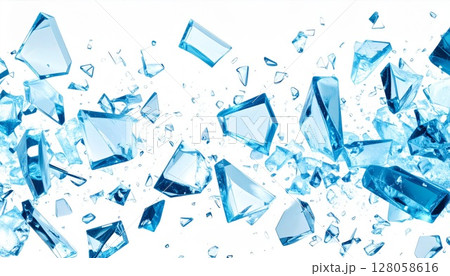 Shattered Blue Glass Fragments on White Background 128058616